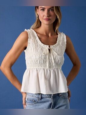 Smocked Tie-Neck Peplum Camisole in Cream